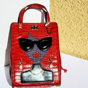 3D Lady Face Red Crocodile Pattern Leather Top Handle Women's Crossbody Bag